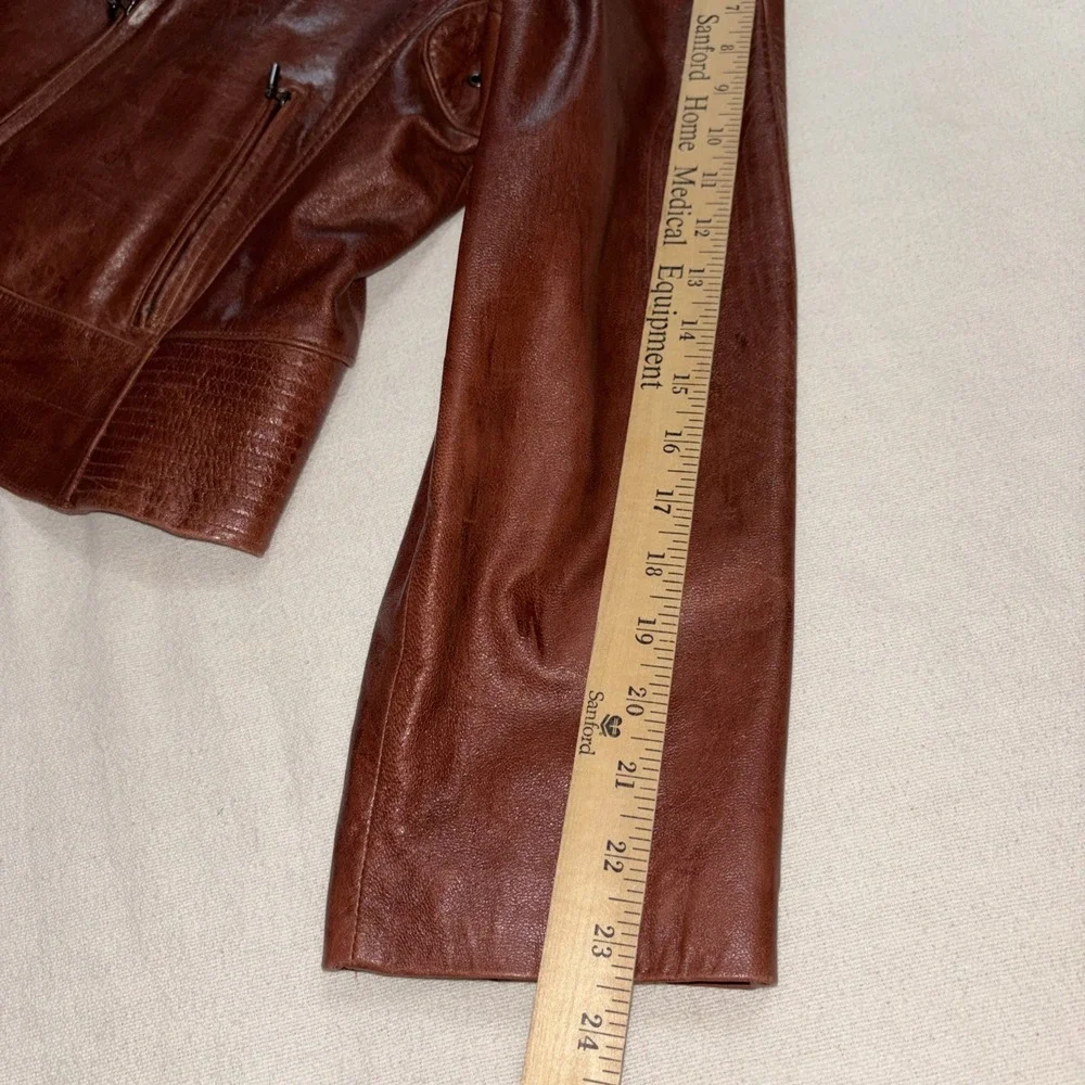 Vintage Terry Lewis Leather Coat Cognac Brown Short Biker Moto Boho Women's Sz L